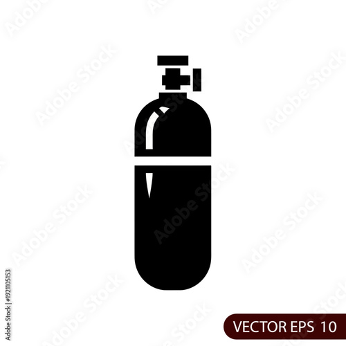Black Silhouette Vector Icon of a Gas Cylinder or Oxygen Tank for Industrial, Diving, and Medical Use, a minimalist flat graphic representation of a high-pressure container.