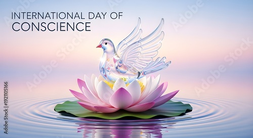 Crystal Dove on Pink Lotus Flower for International Day of Conscience, Peace and Harmony Concept