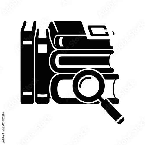 Stack of books and a magnifying glass, symbolizing research, education, knowledge, and study, presented as a clean vector icon.