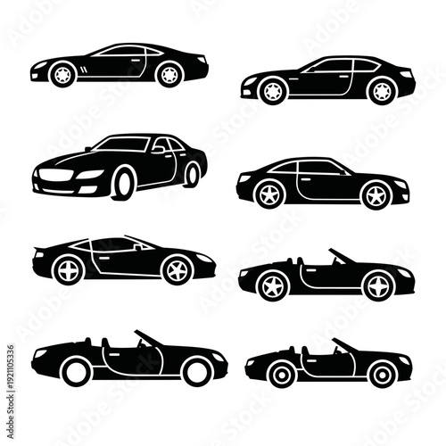 Set of stylish black silhouette sports cars and convertibles, showcasing automotive design and luxury vehicles.