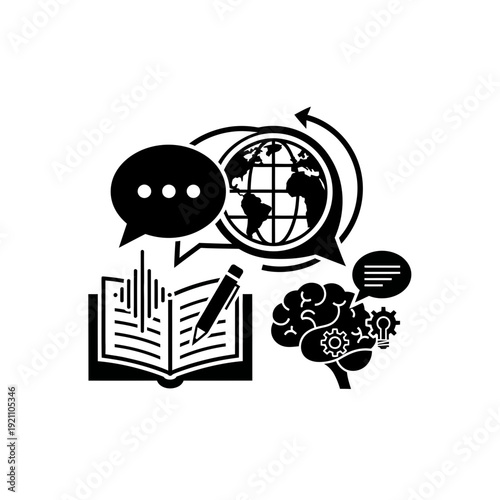 Conceptual illustration representing education and global communication: open book, pencil, brain with gears, speech bubble, and world globe.