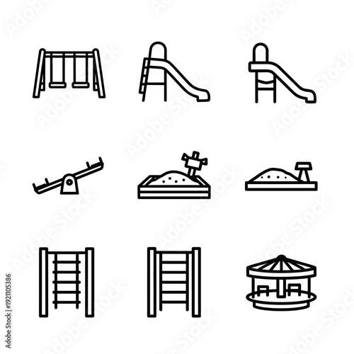 Clean line art icons of playground equipment including swings, slides, seesaws, sandboxes, and climbing frames for outdoor fun and recreation.