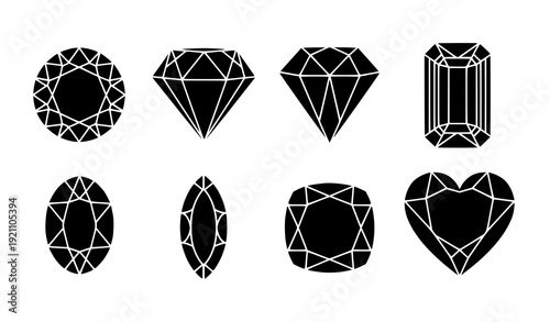 Diamond cut icon set flat black gemstone vector collection
