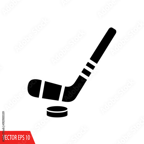 Ice hockey stick and puck, simple silhouette icon for sports and recreation.