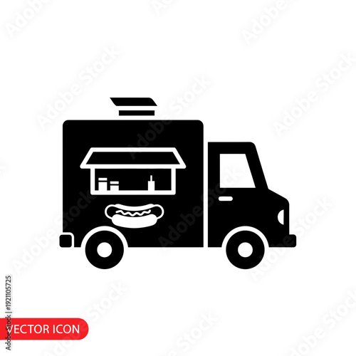 Vector icon of a black hot dog food truck on a white background, representing fast food and street cuisine.