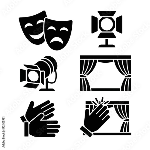 Theater Performance Icons: Comedy and Tragedy Masks, Spotlights, Stage Curtains, and Applause for Dramatic Arts and Entertainment Concepts