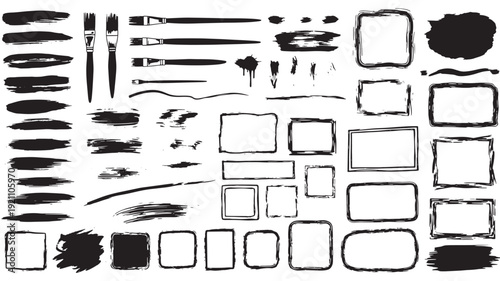 Black brush strokes and rectangles in various shapes and sizes in monochromatic artistic illustration for graphic design