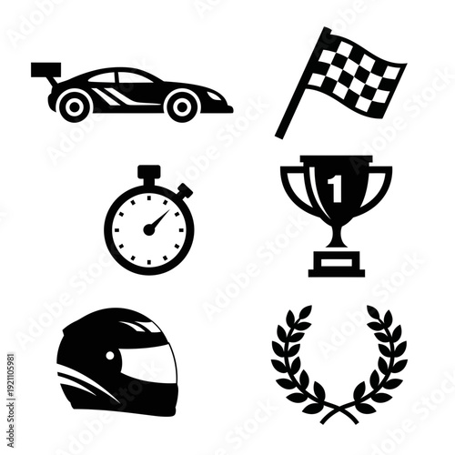 Vector icon set for racing and competition: a sports car, checkered flag, stopwatch, trophy, helmet, and laurel wreath.