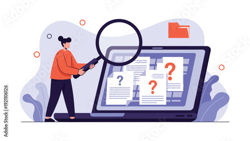 Focused woman using a magnifying glass to investigate folders and documents on a large laptop screen for data analysis.