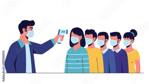 Health screening process showing a man checking the temperatures of people in line wearing protective face masks in public.