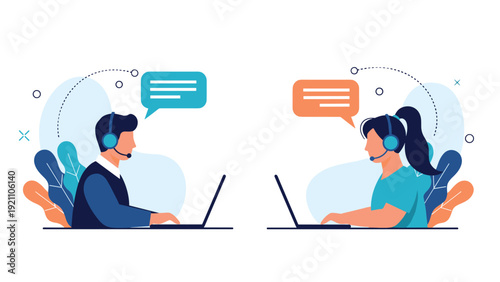 Customer support team with a man and woman wearing headsets while working on laptops to assist clients with services.