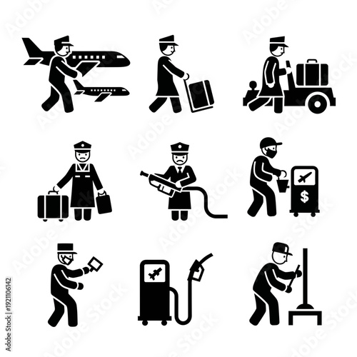 Set of airport and travel icons: airplane, luggage, pilot, fuel pump, and baggage cart.