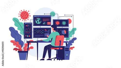 Technical professional monitoring global data and virus statistics across multiple computer screens in a control room.