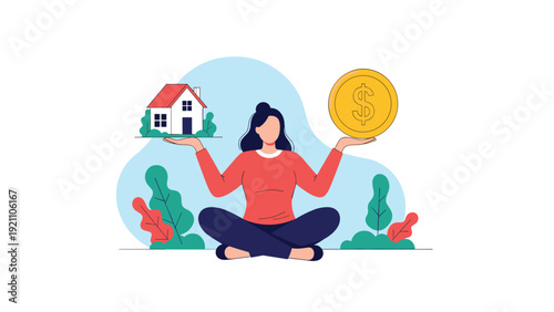 Calm woman balancing a house model and a large gold coin to represent real estate investment and financial stability.