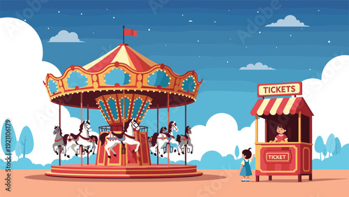 Colorful carousel ride at an amusement park with a small child approaching a ticket booth for a fun day out.