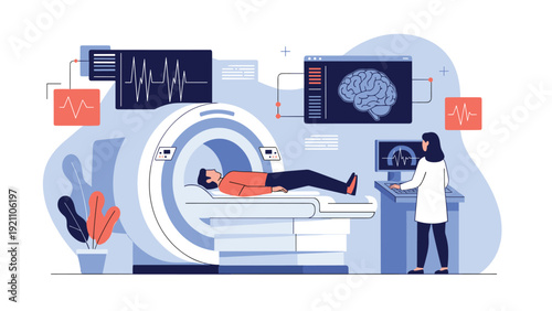 Patient undergoing an MRI scan in a medical facility with a doctor monitoring brain imaging results on computer screens.