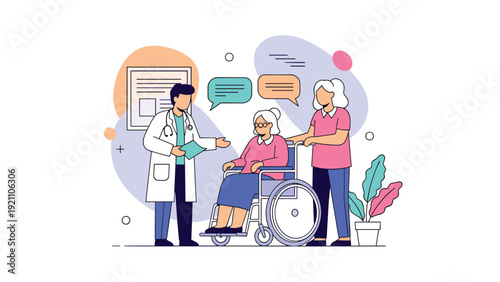 Medical doctor discussing health plans with an elderly woman in a wheelchair and her supportive female caregiver.