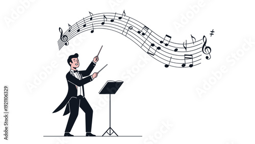 Talented music conductor leading an orchestra with his baton as musical notes flow through the air in a wave.