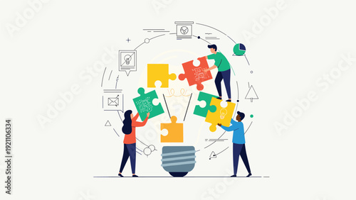 Creative team working together to assemble puzzle pieces into a lightbulb shape representing a collective solution.
