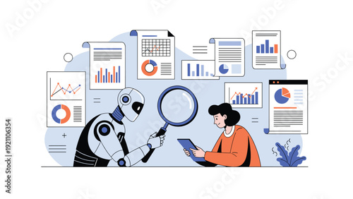 Artificial intelligence robot and a professional woman collaborating to analyze complex data charts and reports.