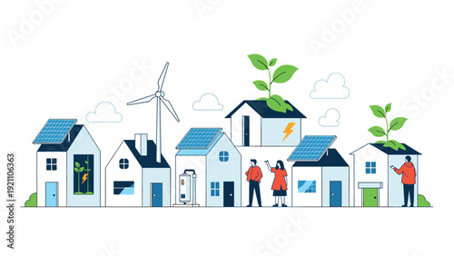 Sustainable neighborhood concept with solar-powered homes, wind turbines, and greenery growing from roofs for ecology.