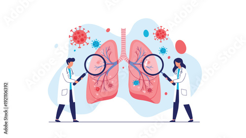 Medical team investigating respiratory health by examining human lungs with magnifying glasses and virus symbols.