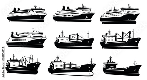 black silhouette vector art of diverse cargo and passenger ships ideal for marine transport logistics and shipping industry graphics.
