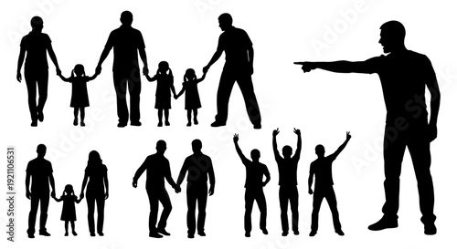 black silhouette people showcasing families a man pointing and individuals celebrating ideal for illustrating human connections and diverse social interactions.