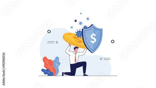 Professional man using a dollar sign shield to protect a giant gold coin from attacking virus particles.
