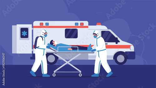 Emergency medical responders in protective gear transporting a patient on a stretcher to a waiting ambulance.