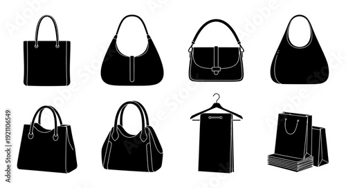 black silhouette womens handbags shopping bags and clothes hanger ideal for fashion retail branding and e-commerce design.