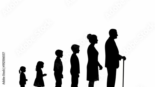 black silhouettes depicting human life stages from infant to elderly symbolizing growth aging life journey.