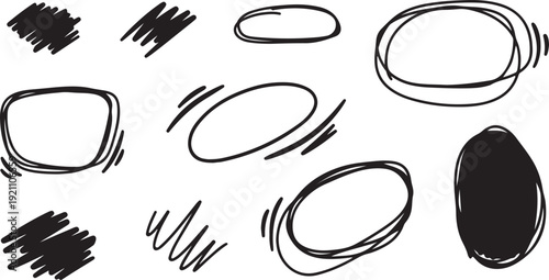 Hand drawn frames and strokes in black ink on white background for graphic design