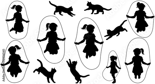 black silhouettes of active children skipping rope and playful cats illustrating dynamic movement childhood fun and pet activity.