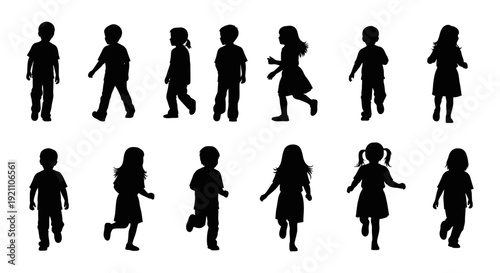 black silhouettes of diverse children walking and running capturing childhood growth and playful energy against a clean white background
