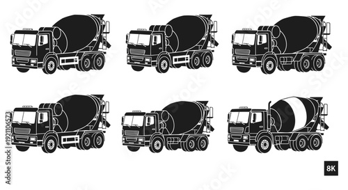 black silhouettes of concrete mixer trucks delivering cement for construction and infrastructure perfect for heavy machinery graphics.