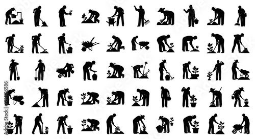 black silhouettes of diverse gardeners performing essential planting watering and digging tasks illustrating organic farming horticulture and sustainable green living concepts.