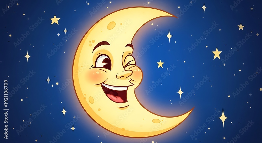 Fototapeta premium Smiling crescent moon with starry night.