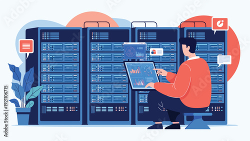 Information technology specialist monitoring server racks while using a laptop to manage data center network.
