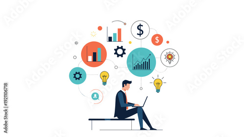 Businessman working on a laptop surrounded by floating icons of financial charts lightbulbs and gold coins.