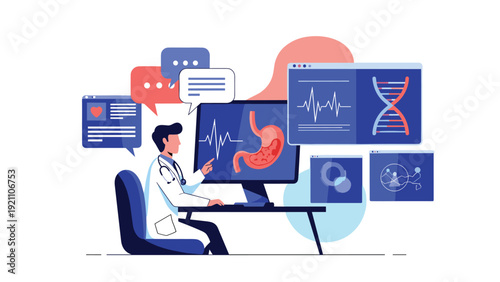 Medical professional at a computer desk analyzing stomach anatomy and health data on a large digital monitor.