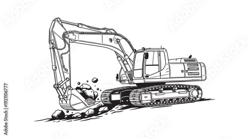Excavator machine line art illustration in black and white for construction industry