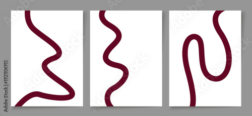 Contemporary minimalist vector illustration featuring three distinct abstract wavy maroon lines, precisely crafted as expressive organic shapes for various artistic graphic designs.