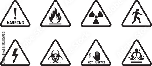 Collection of black and white warning signs indicating various hazards and dangers in triangular shapes with cautionary symbols and text.