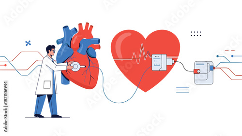 Medical doctor examining a human heart and a symbolic heart connected to digital data and hospital devices.
