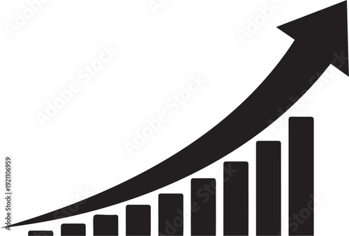 Rising graph showing steady business growth and upward trend with a prominent black arrow indicating progress and success in a simple white background