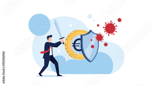 Businessman with a sword and shield protecting a giant euro coin from attacking red virus particles in the air.