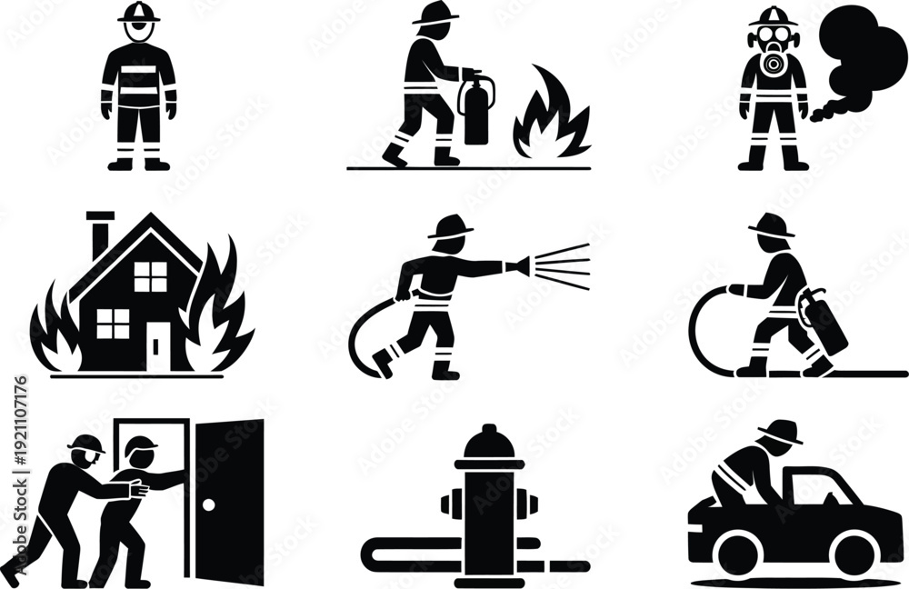 Naklejka premium Firefighting icon collection. Includes fireman, fire, hose, hydrant, rescue, and emergency response symbols. Created in black silhouette style with monochromatic palette.