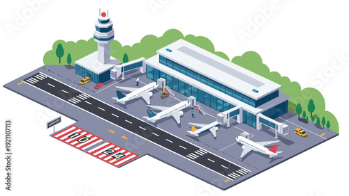 Modern airport terminal facility features multiple airplanes parked at gates with control tower and active runway strips.