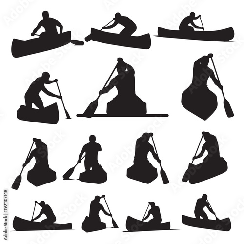 Black Canoeing Silhouette Vector, High Quality Illustration on White Background